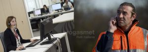A sinistra una donna lavora ad un centralino di fornte a un computer, a destra un uomo chiama tramite cellulare
